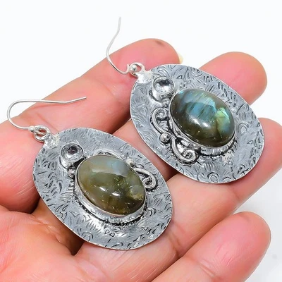 Labradorita, Topacio Blanco 925 Plata de Ley Pendientes Joyería 2.01" f278 Foto 1 de 3