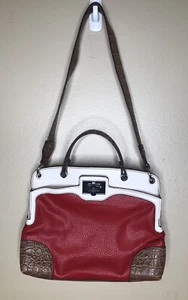 Cartera/bolso de mano Dana Buchman rojo blanco marrón en relieve 2 correas bolsillos cierre giratorio - Imagen 1 de 8