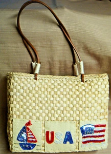 New CORN HUSK STRAW BAG w/ SEQUIN & BEAD PATRIOTIC DECORATION & Double Handles - Picture 1 of 9