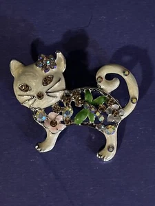 Kitty Cat Brooch Pin Pendant Enamel & Rhinestones on Silver Tone - Picture 1 of 3