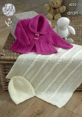 King Cole Aran Knitting Pattern Jacket Blanket and Hat 4222 - Image 1 of 2