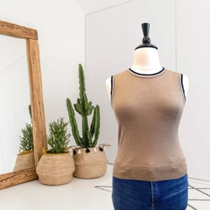 J.Crew Women’s L Sleeveless Merino Wool Button Back Sweater Vest Tan Navy Blue - Picture 1 of 10