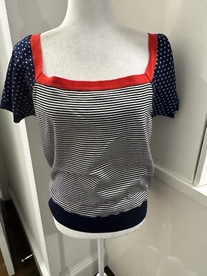 Sonia Rykiel Womens Cotton Stripe Short Sleeve Blouse Blue White Dot Red Size 3 - Image 1 of 4