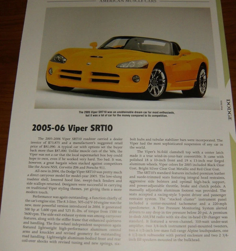Dodge Viper SRT10 2005-06 información de especificaciones impresión fotográfica 05 2006 SRT 10 Foto 1 de 1