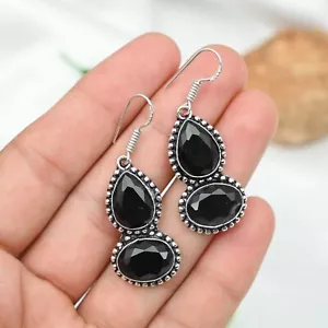 925 Sterling Silver Jewelry Black Spinel Hook Earrings Gemstone Handmade Gift - Picture 1 of 6