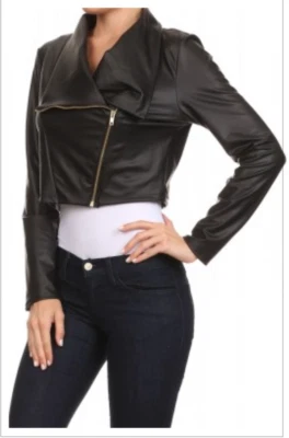 BLACK CROPPED PVC MOTORCYCLE JACKET SIZE M - Image 1 of 2