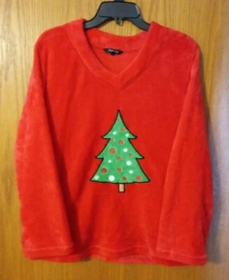 Women's "JUST LOVE" red V-neck fuzzy fleece Christmas Tree LS top size Large Foto 1 de 4
