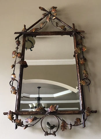 La Barge Painted Iron & Tole Mirror With Bird, Leaf, Acorn Adornment Cover