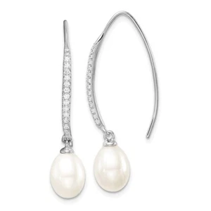 36mm 925 Silver White 7-8mm Freshwater Cultured Pearl & CZ Threader Earrings - Picture 1 of 4