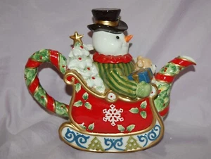 Fitz and Floyd CHRISTMAS SNOWMAN teapot/pitcher with lid and box, 2005 - Picture 1 of 9