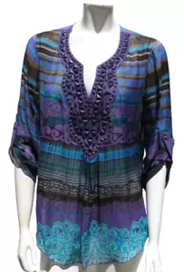 Camicia blusa HALE BOB US donna grande viola 100% seta chiffon top perline boho - Foto 1 di 6