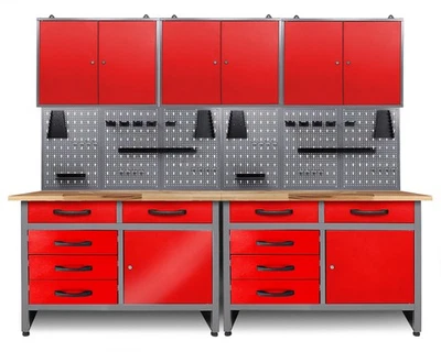 Ondis24 Werkstatt Set 240cm 2x Werkbank Metall 3x Werkzeugschrank Lochwand Haken - Bild 1 von 4