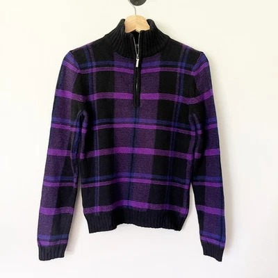 Suéter Lauren Ralph Lauren Petite Talla Pequeña SP Lana a Cuadros Angora Púrpura Cremallera Foto 1 de 4