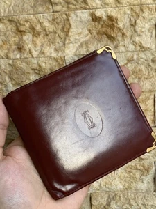 1990er Vintage Must de Cartier faltbare Geldbörse burgunderfarben Leder goldfarben Herren groß - Bild 1 von 21