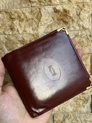 1990s Vintage Must De Cartier Bifold Wallet Burgundy Leather Gold-tone Men Large - Image 1 of 4
