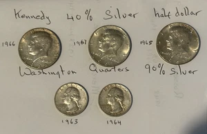 1963 & 1964 Washington Quarter & Kennedy Silver Dollar Coins (Lot of 5) - Picture 1 of 5