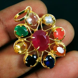 Navratna Gemstone Pendant – 9 Planet Healing Stones Handmade Gold Plated Jewelry - Picture 1 of 6