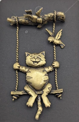 Vintage JJ Jonette Jewels Brass Tone Smiling Cat on Swing with Birds Pin Brooch - Image 1 of 4