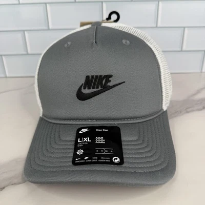 Nike Hat Cap Snap Back Mens L/XL Gray White Mesh Trucker Rise Cap Embroidered - Image 1 of 4