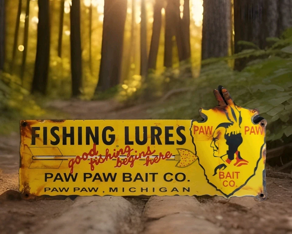 Letrero de porcelana vintage Paw Paw Bait señuelos de cebo de pesca lubina Michigan gasóleo Foto 1 de 4