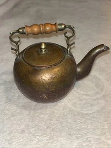 Sm Vintage Etched Brass Copper Teapot W/ Wooden Handle 6”x5” (to Spout & Handle - Picture 1 of 13