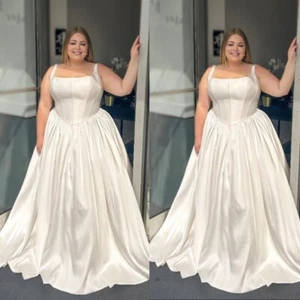 Silk Satin Wedding Dresses Plus Size Spaghetti Straps Sweep Train Bridal Gowns - Picture 1 of 10