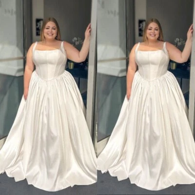 Silk Satin Wedding Dresses Plus Size Spaghetti Straps Sweep Train Bridal Gowns - Image 1 of 4