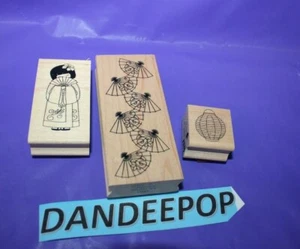 3 Assorted Asian Theme Rubber Stamps Shy Geisha Lanterns Fans Vicki Schreiner - Picture 1 of 2