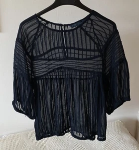 ZARA Navy Midnight Blue SHEER STRIPE DETAIL BLOUSE XS 6 8 34 - Picture 1 of 5