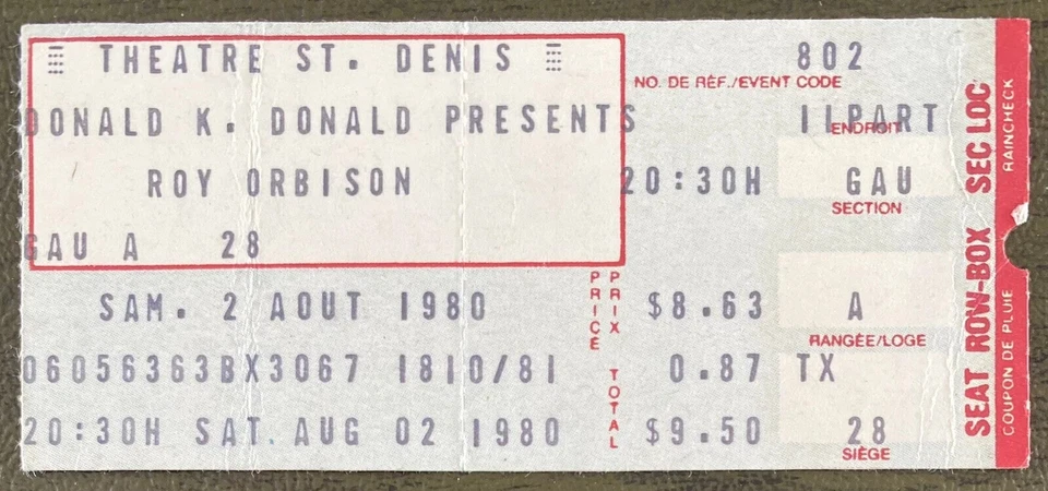 1980 Saturday August 2 Donald K. Donald PRESENTS ROY ORBINSON THEATRE ST. DENIS - Image 1 of 2