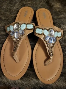 Mossimo Boho Women's Tan/Blue Jeweled Slippers Size 8 - Picture 1 of 8