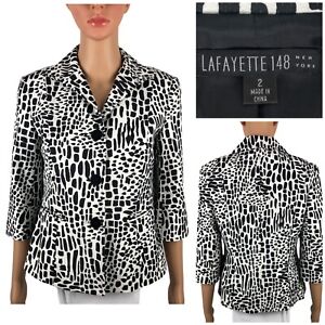 Lafayette 148 New York Womens 2 Blazer Cotton Blend Black White Animal Print EUC