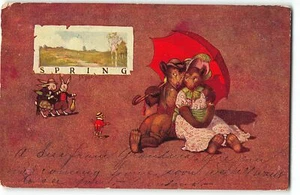 Ungewöhnliche Postkarte FRÜHLING - anthropomorpher Mäuseschirm, Künstler signiert Johannes - Bild 1 von 2