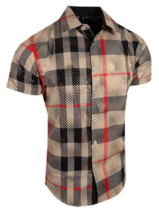 Mens Shirt Plaid Short Sleeve Gold Shiny Foil Overlay Flip-Cuff Stretch Slim Fit - Picture 1 of 15