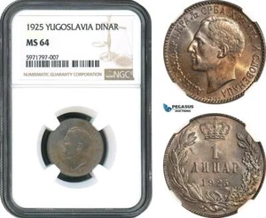 AH501, Yugoslavia, Alexander I, 1 Dinar 1925, Brussels Mint, NGC MS64 - Picture 1 of 1