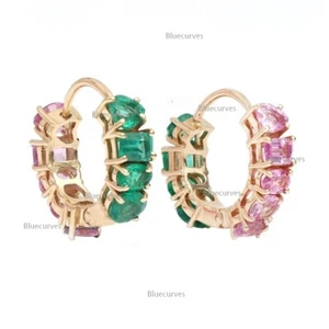 4x3mm Multi Shape Real Half Pink Sapphire & Half Emerald Hoops Earrings 14k Gold - Picture 1 of 8