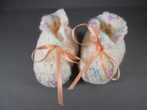 Newborn Baby Booties Doll Knitted White Multi Color Peach Ribbons Handmade - Picture 1 of 4