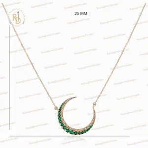 Pave Diamond Emerald Crescent Moon Pendant Necklace Solid 14K Gold Chain Jewelry - Picture 1 of 5