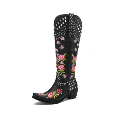 40-43 Botas occidentales florales con tachuelas de metal hasta la rodilla estilo europeo para mujer Foto 1 de 4