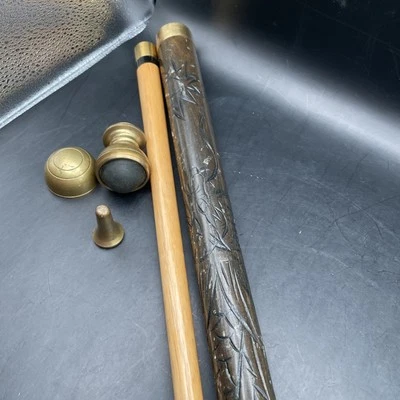 Vintage Hand Carved Wood & Brass Walking Stick / Cane & Hidden Pool Cue - Image 1 of 4