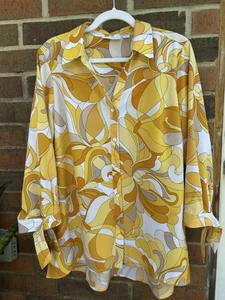 Susan Graver 70s Style Printed Stretch Woven 3/4 Sleeve Shirt Med Vibrant Bright - Bild 1 von 5