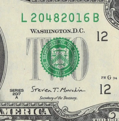 2016 Year Note Birth/Anniv/Grad/TombTwo Dollar Bill 2017A L20482016B CU San Fran - Image 1 of 4