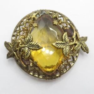 Clip de vestido antiguo Art Nouveau hojas de vidrio amarillo latón - Imagen 1 de 2