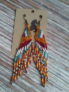 Native American Beaded Fringed Earrings/Multi Colored/Hook jewelry - Picture 1 of 1
