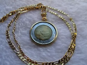 1984 Italian 500 Lire Golden Brass Pendant on a 24" Gold Plated 3 & 2 Link Chain - Picture 1 of 9