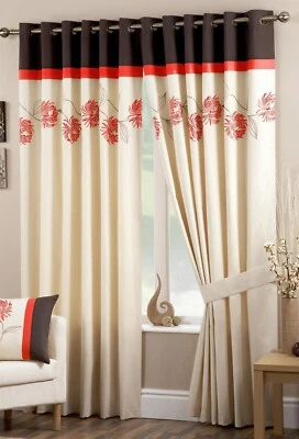 PANDORA SPICE CURTAINS EYELET LINED READY MADE EMBROIDERED FLOWERS ORANGE CREAM - Image 1 of 2