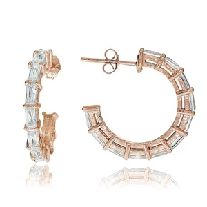 Rose Gold Tone over Sterling Silver Baguette Cubic Zirconia Half Hoop Earrings - Picture 1 of 3