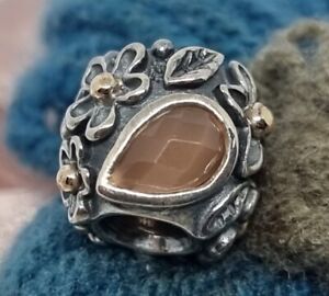 Genuine Pandora Silver & 14k Gold Dew Drop Charm Onyx Orange Moonstone 💕925 ALE
