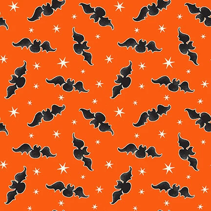 Tela de Halloween | Here We Glow in Dark Bat Toss Orange | Henry Glass YARD Foto 1 de 1