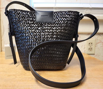 AllSaints Ebro Straw Crossbody Black Woven Leather Trim Shoulder Bag - Image 1 of 4